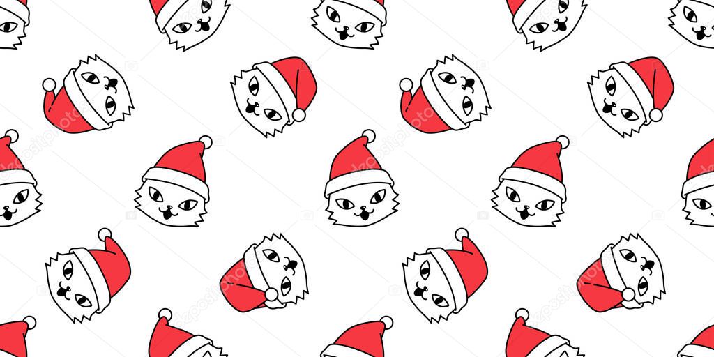 cat seamless pattern Christmas Santa Claus hat kitten vector head cartoon scarf isolated repeat wallpaper tile background illustration doodle white design