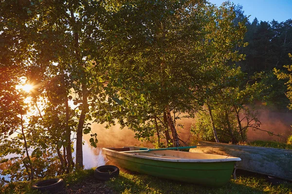 Paisaje Matutino Tranquilo Con Niebla Barcos — Foto de Stock