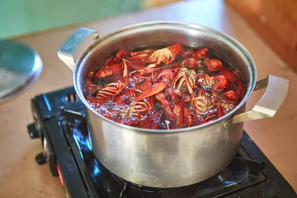 小龙虾在锅里煮煮香料 — 图库照片
