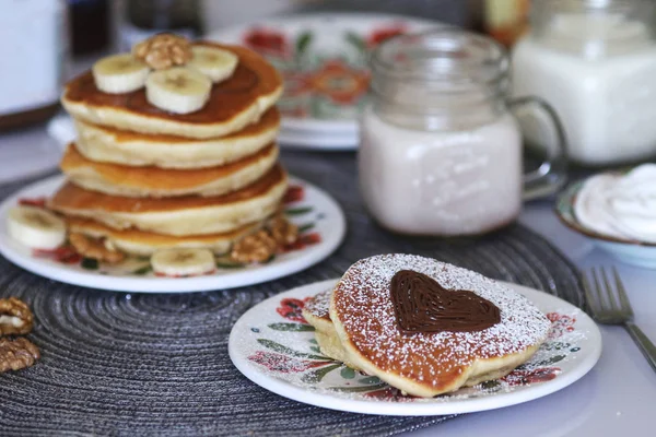 Breakfast Pancakes Served Honey Fruits Milk — Stock Photo, Image