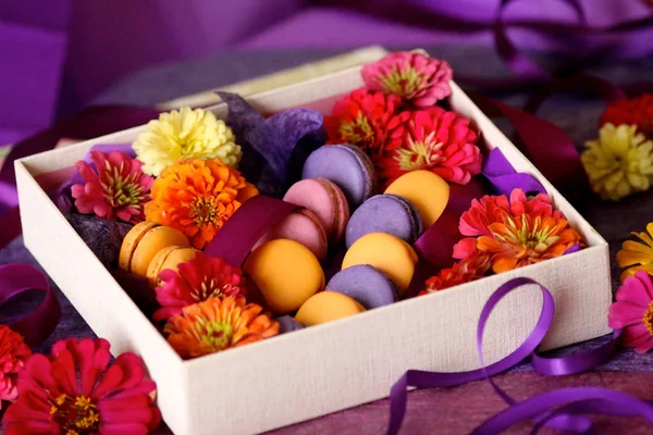 Macaron cookies colorful sweet pastry in present box