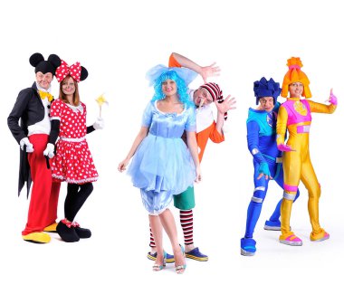 Çeşitli kostümlerdeki animasyoncuların portreleri. İzole edilmiş arka plan. Resim Kolajı.