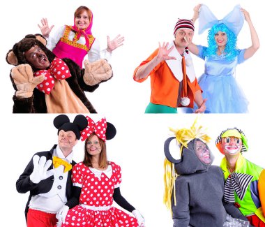 Çeşitli kostümlerdeki animasyoncuların portreleri. İzole edilmiş arka plan. Resim Kolajı.