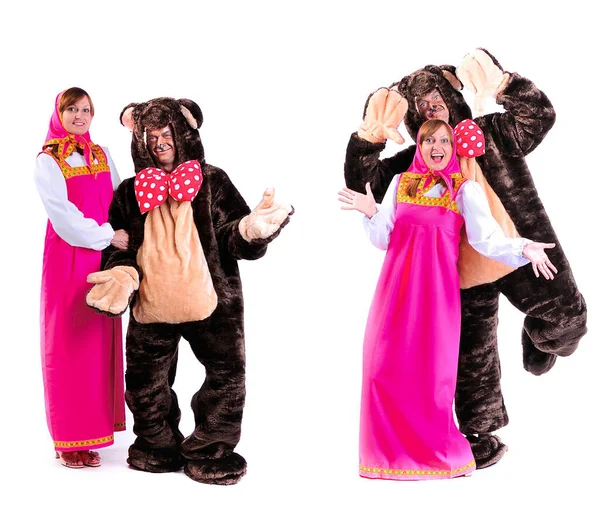 Portraits Animators Various Costumes Isolated Background Girl Bear Collage Pictures — Stock Photo, Image