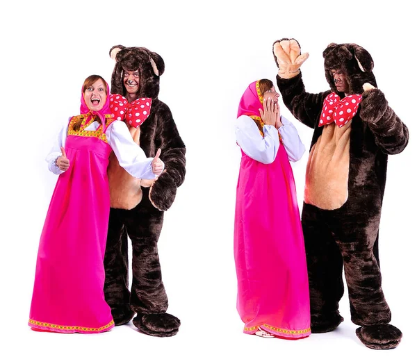 Portraits Animators Various Costumes Isolated Background Girl Bear Collage Pictures — Stock Photo, Image