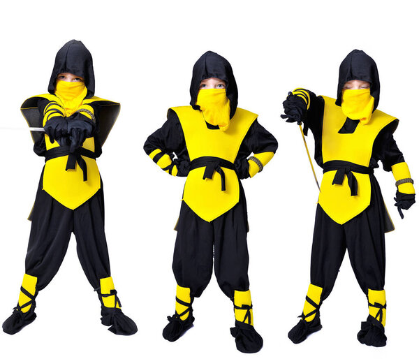 Collage: A seven-years old boy in black and yellow ninja suit with a hood and mask on his face bowed his head. With a knife in hand. Portrait in full growth.