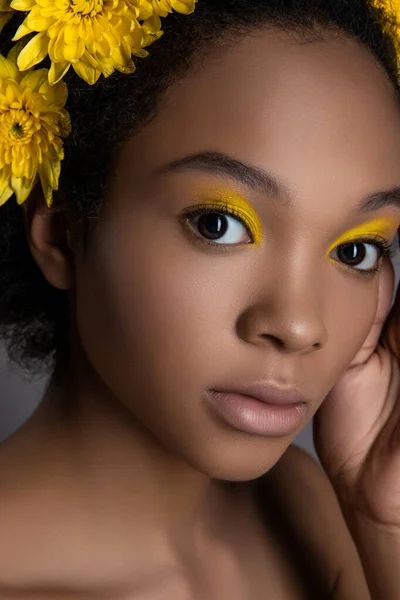 Güzellik Afro 'sunu kapatın genç bayan. Kameraya bakıyorum. Moda stüdyosu fotoshoot. Güzel, sağlıklı bir kadının portresi..