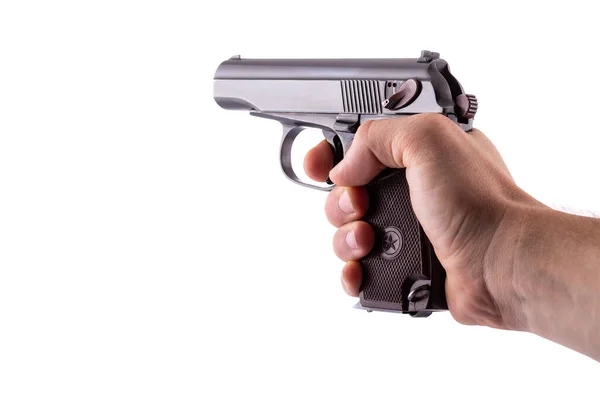 Pistola Makarov Nelle Mani Dell Uomo Sfondo Bianco — Foto Stock