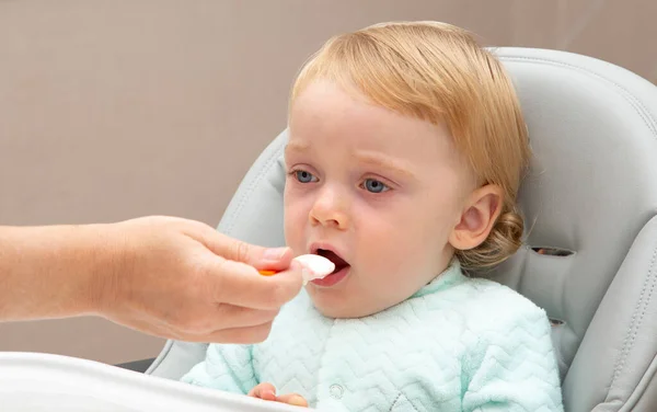 A mother feeds her son in a special baby feeding chair with a small spoon. The mother gives the child food with a child\'s spoon. Happy baby eats with an appetite.