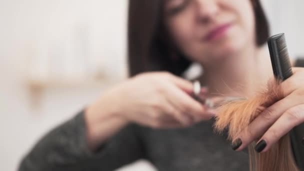 Peluquería con esmalte de uñas negro cortando el pelo rojo de su cliente — Vídeo de stock