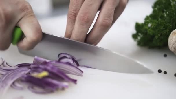 Шеф быстро нарезает фиолетовый лук в ресторане — стоковое видео