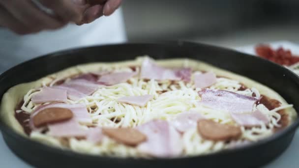 Chef putting pepperoni on pizza in a pizzeria kitchen — Stock Video