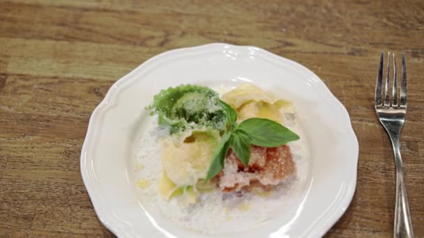 Pohled shora tortellini různých barev na talíři — Stock video