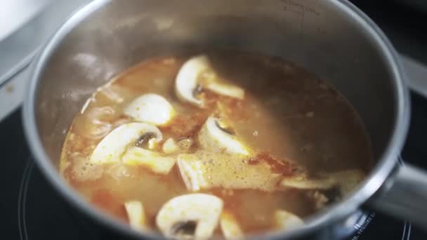 Boiling soup with octopus and champignons — Stock Video