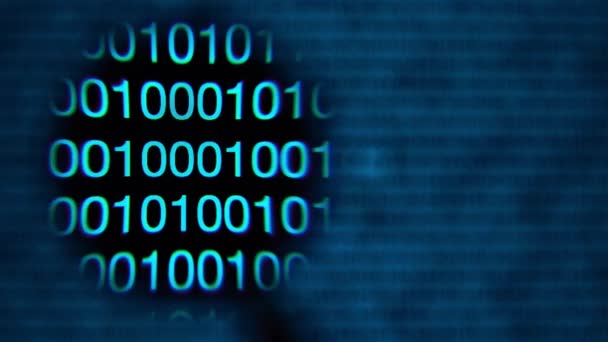 Loupe se déplaçant de gauche à droite, zéros et un, bleu, mot app 