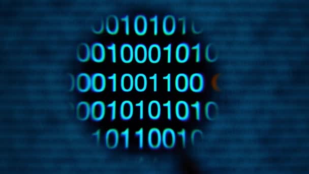 Loupe en verre, zéros et un déplacement de gauche à droite, bleu, mot de devise 