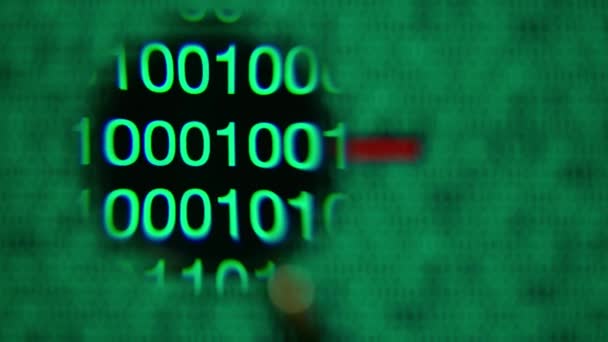 Loupe se déplaçant de gauche à droite, zéros et un, vert, mot anonyme 