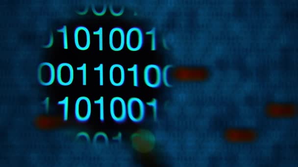 Loupe se déplaçant de gauche à droite, zéros et un, bleu, mot ver 