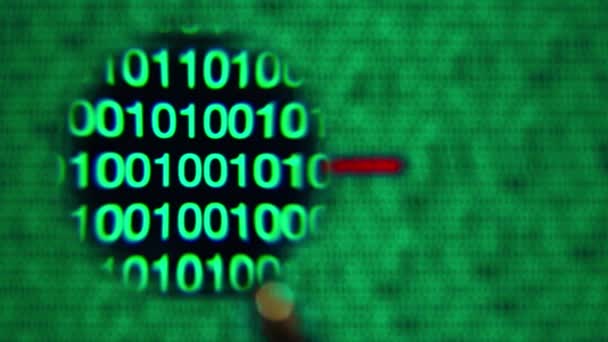 Loupe se déplaçant de gauche à droite, zéros et un, vert, mot bloqué 