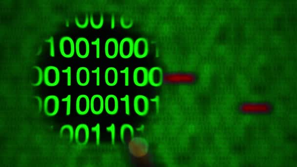 Loupe se déplaçant de gauche à droite, zéros et un, vert, erreur de mot 