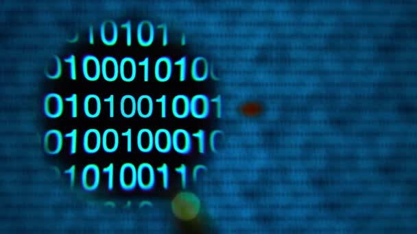 Verre grossissant se déplaçant de gauche à droite sur l'écran d'ordinateur avec des zéros et des tons de style matrice bleue. Word ltc écrit en lettres rouges dans la ligne de code .