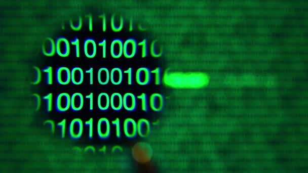 Verre grossissant se déplaçant de gauche à droite, zéros et un, vert, mot technologique 