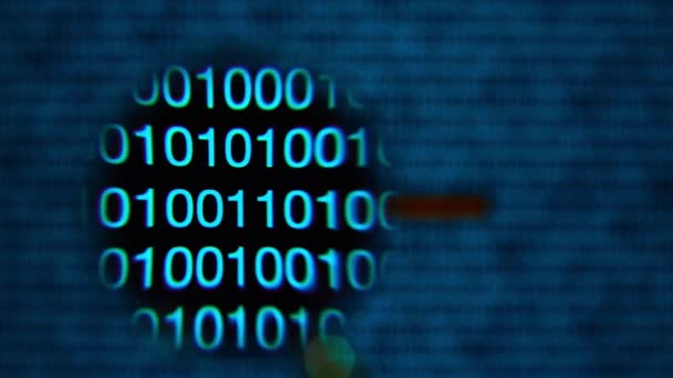 Loupe se déplaçant de gauche à droite, zéros et un, bleu, mot anonyme 