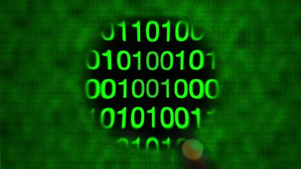 Loupe se déplaçant de gauche à droite, zéros et un, vert, lettres virales rouges 