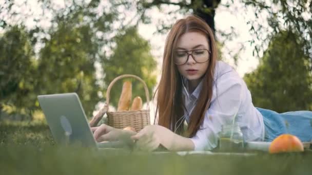 公園の芝生の上で横になっているノート パソコンで入力する若い女性を中心としました。 — ストック動画
