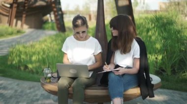 Laptop ile çalışma veya eğitim yaz Park'ta iki güzel ve akıllı kadın