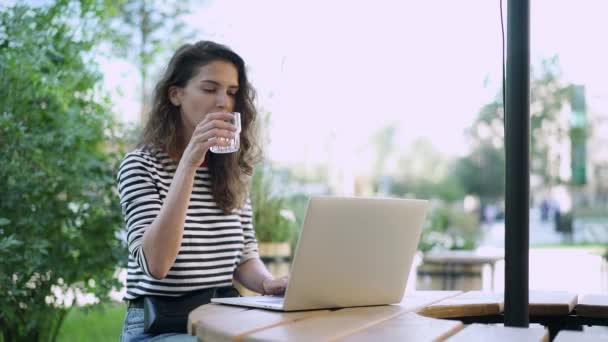 Serious young curly hair brunette working with laptop outside drinking water — Stock Video