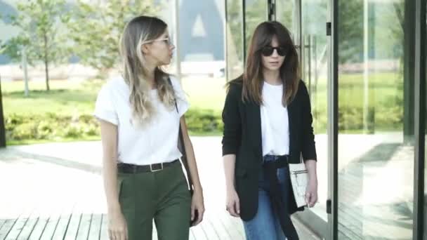 Deux beaux blogueurs de mode marchant et discutant des tendances en été — Video