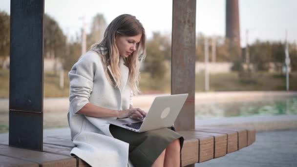 Blogger de moda escribiendo su post en el portátil en el parque cerca del estanque — Vídeos de Stock
