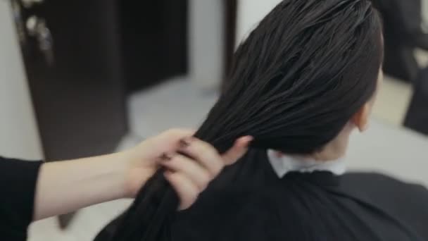 Peluquería cuidado del cabello mujer de pelo oscuro con gel — Vídeos de Stock