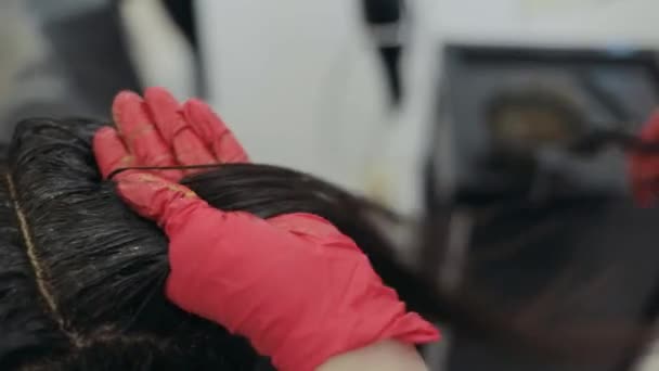 Gros plan d'un coiffeur coloriant une mèche d'une femme brune — Video