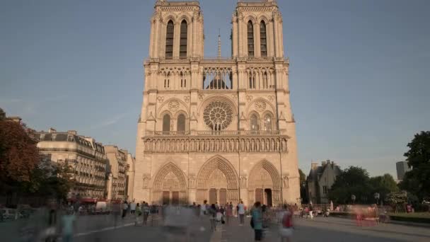 Париж, Франція - 12 серпня 2018 роки: Timelapse Нотр-Дам де Парі нахил вгору постріл на заході сонця. Натовпи туристів поблизу Нотр-Дам — стокове відео