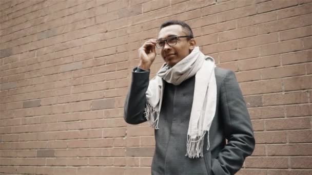 若い男性のアフリカ系アメリカ人のビジネス学生の肖像画を置く眼鏡をすぐ陽気な笑顔 — ストック動画