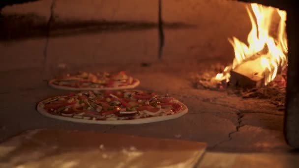 Pan shot of chef putting vegaterian pizza into the brick oven — Stock Video