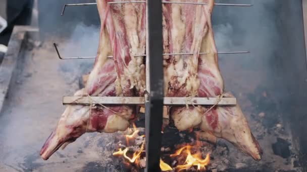 Naklonit nahoru z jatečně upravených těl z vepřového masa, které se kouří na svislém rožni — Stock video