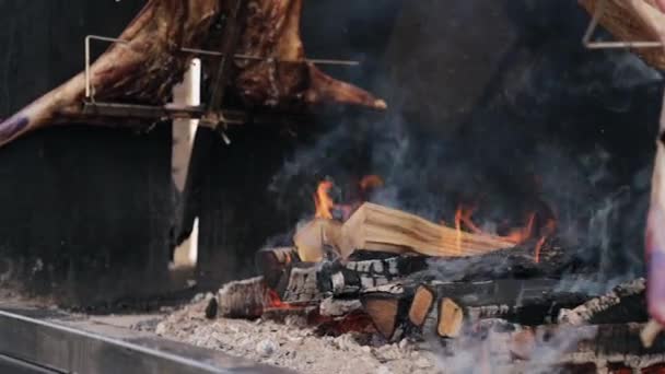 Gros plan de deux porcs entiers brochés et grillés dans un feu ouvert — Video