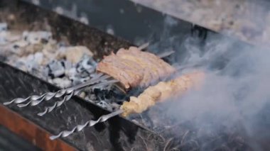 Barbekü üzerinde domuz eti ve tavuk ızgarasını yakın