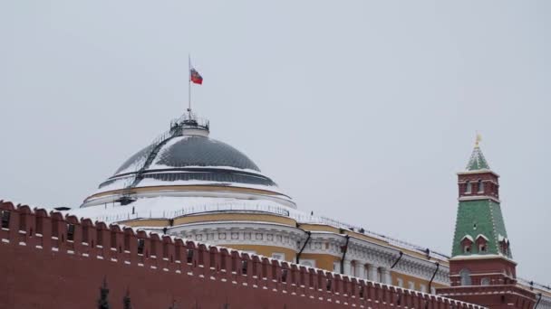 MOSCÚ, RUSIA - DICIEMBRE DE 2018: Movimiento lento de la bandera rusa ondeando sobre el fondo del cielo gris — Vídeo de stock