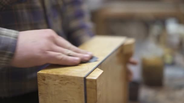 Close up de mão masculina polir um suporte de madeira leve com um pano — Vídeo de Stock