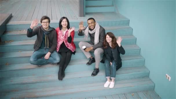 Diverse group of friends waving hands outside — Stock Video