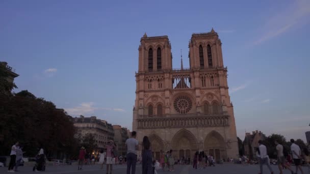 Paryż, Francja-Czerwiec 17 2019: w czasie rzeczywistym ustanowienie strzał Notre Dame de Paris o zachodzie słońca. Tłumy turystów w pobliżu gotyckiego cathdreal Notre Dame de Paris. — Wideo stockowe