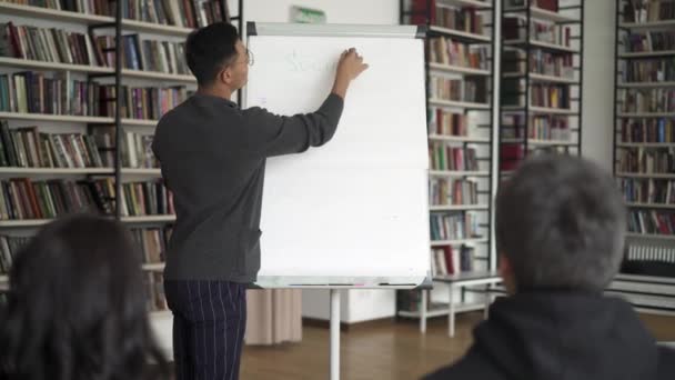 Young asian man standing with a flipchart during his lecture — Stock Video