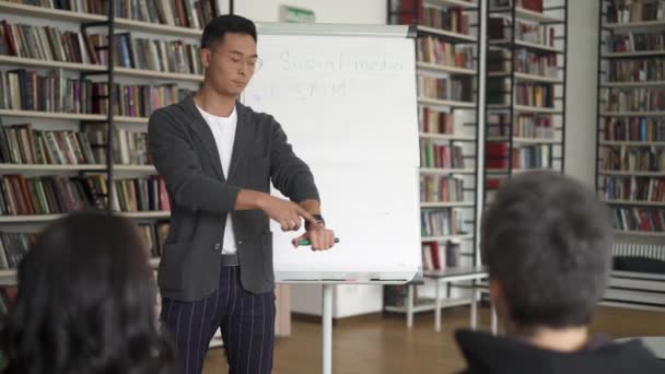 Junger asiatischer Mann mit Flipchart bei einem Vortrag in der Bibliothek — Stockvideo