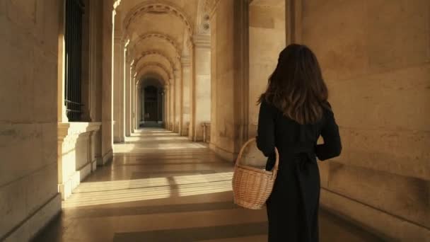 Медленное движение заднего вида женщины в черном платье, идущей в Париже, Франция — стоковое видео