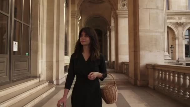 Vrouw in zwarte jurk het maken van een foto wandelen buiten Louvre museum — Stockvideo