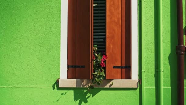 Valós idejű közelkép egy ablakról, a redőnyök nyitva. Színes ház Burano szigetén. — Stock videók